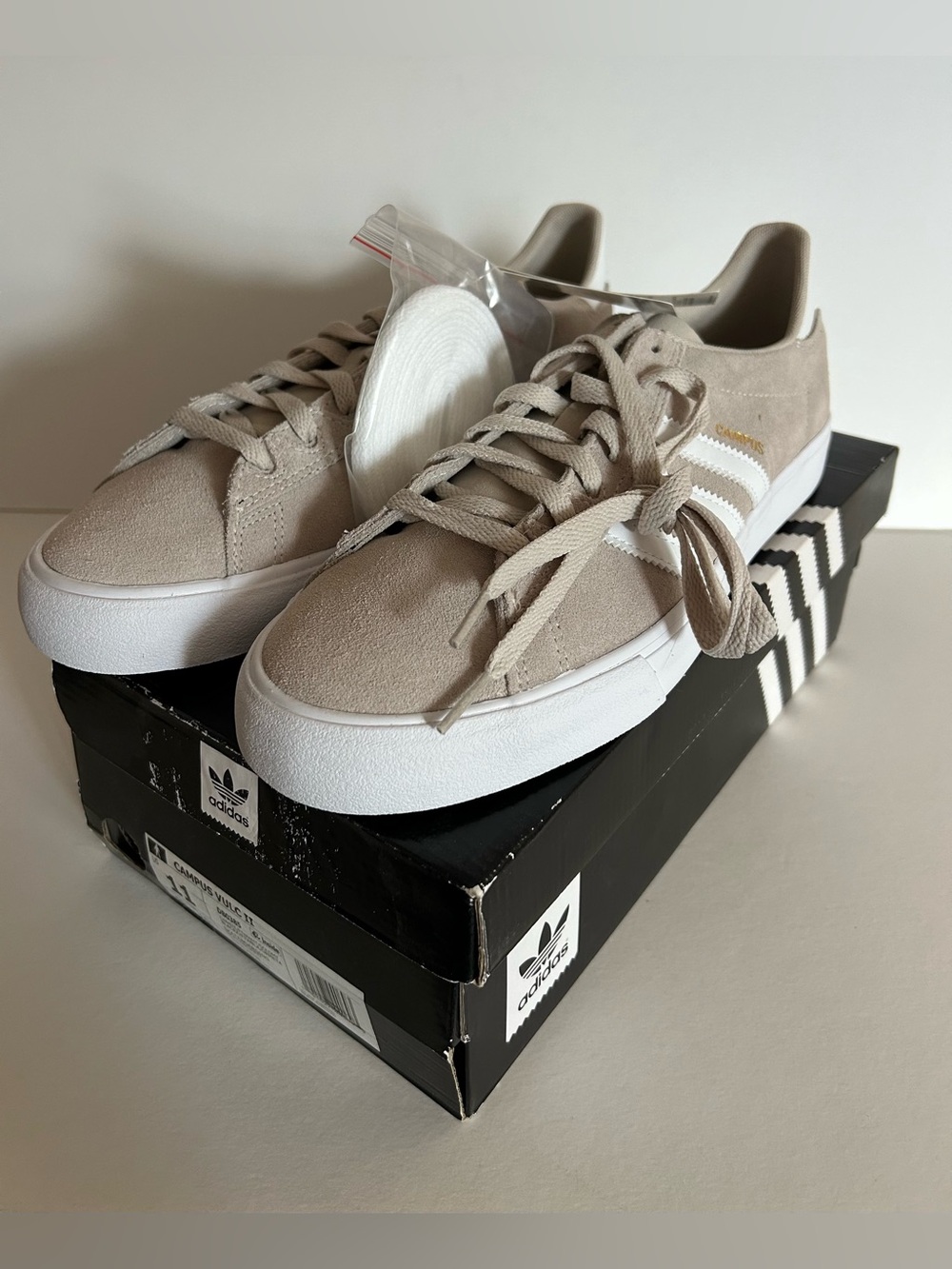 adidas Campis Vulc II Suede Low-Top Sneakers in Light Taupe and White